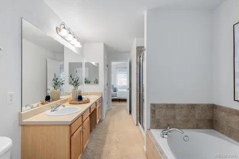 a bathroom with a tub sink and mirror
