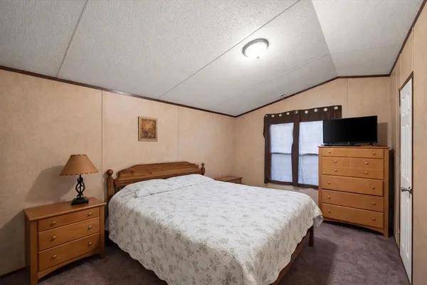 a bedroom with a bed and a tv on the dresser