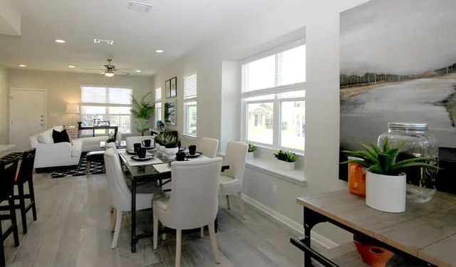 a view of a dining room with furniture and a potted plant