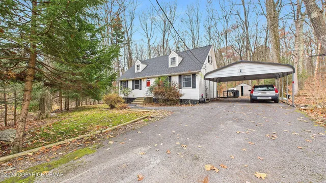 a view of a backyard with large trees