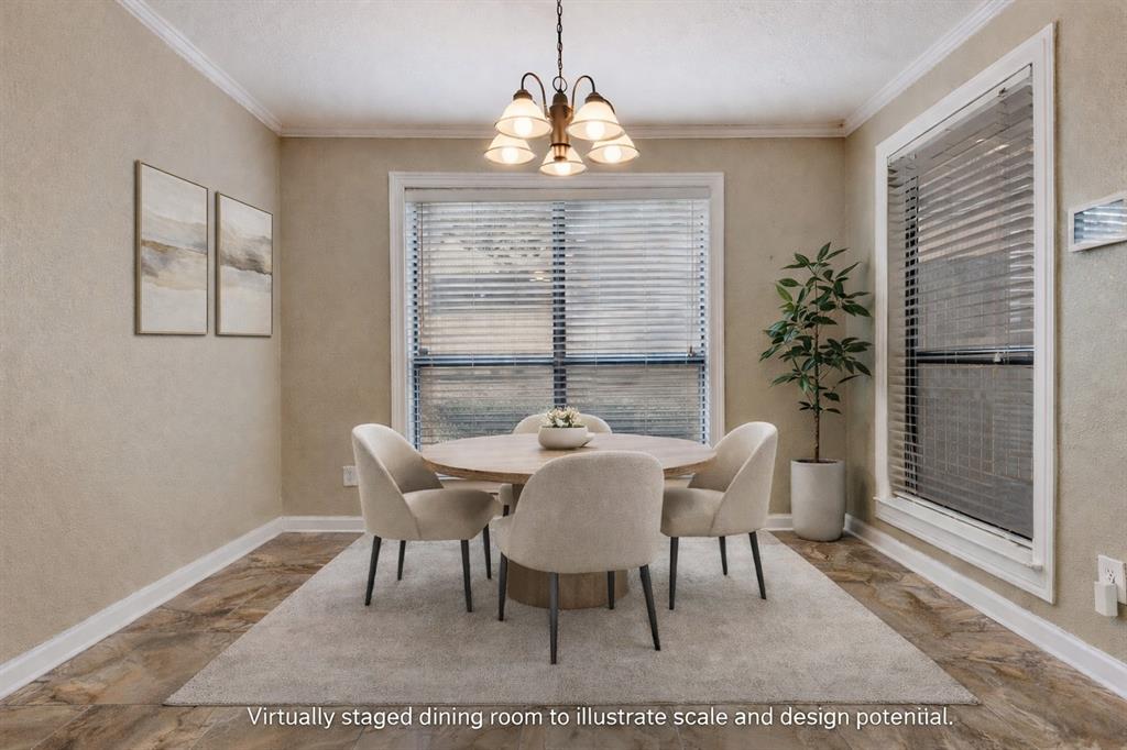 1300 Memory Lane, Unit 5214 Arlington, TX 76011 - Photo 6 of 30 Dining area featuring hanging lights, crown molding, and a textured wall