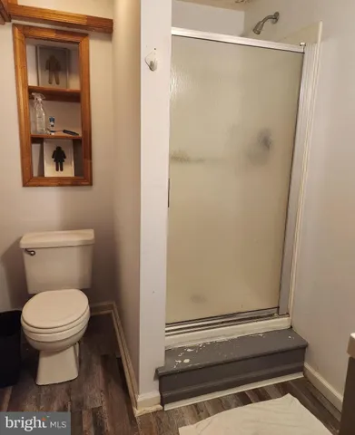 a bathroom with a toilet and a shower