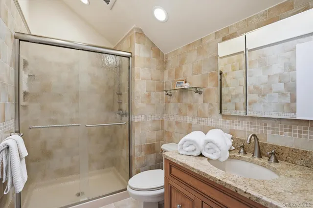 a bathroom with a granite countertop bathtub shower sink vanity and toilet