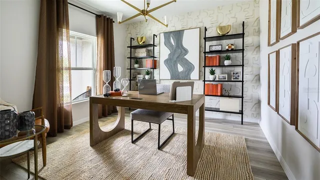 a workspace with furniture and window