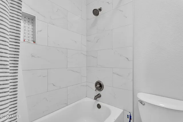 a bathroom with a bathtub and a toilet