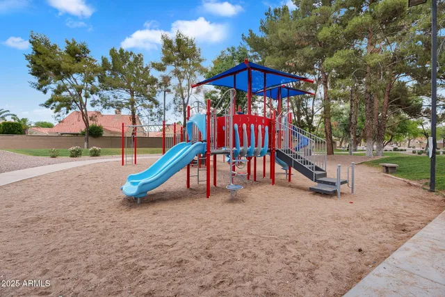 a view of a park with slide
