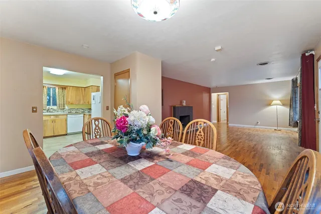 a view of a dining room with furniture