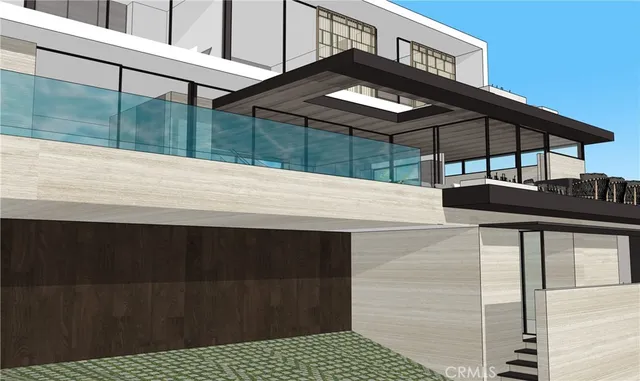 a view of a large body of water with a building in the background