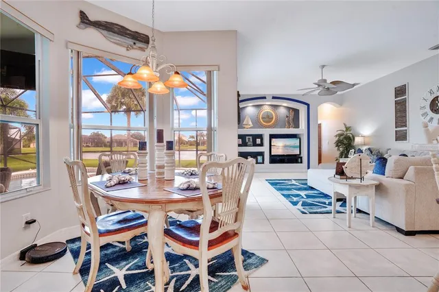 a dining room with furniture a flat screen tv and outdoor view