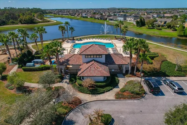 a view of a swimming pool with a yard and plants