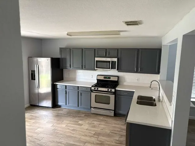 a kitchen with a sink a stove and refrigerator