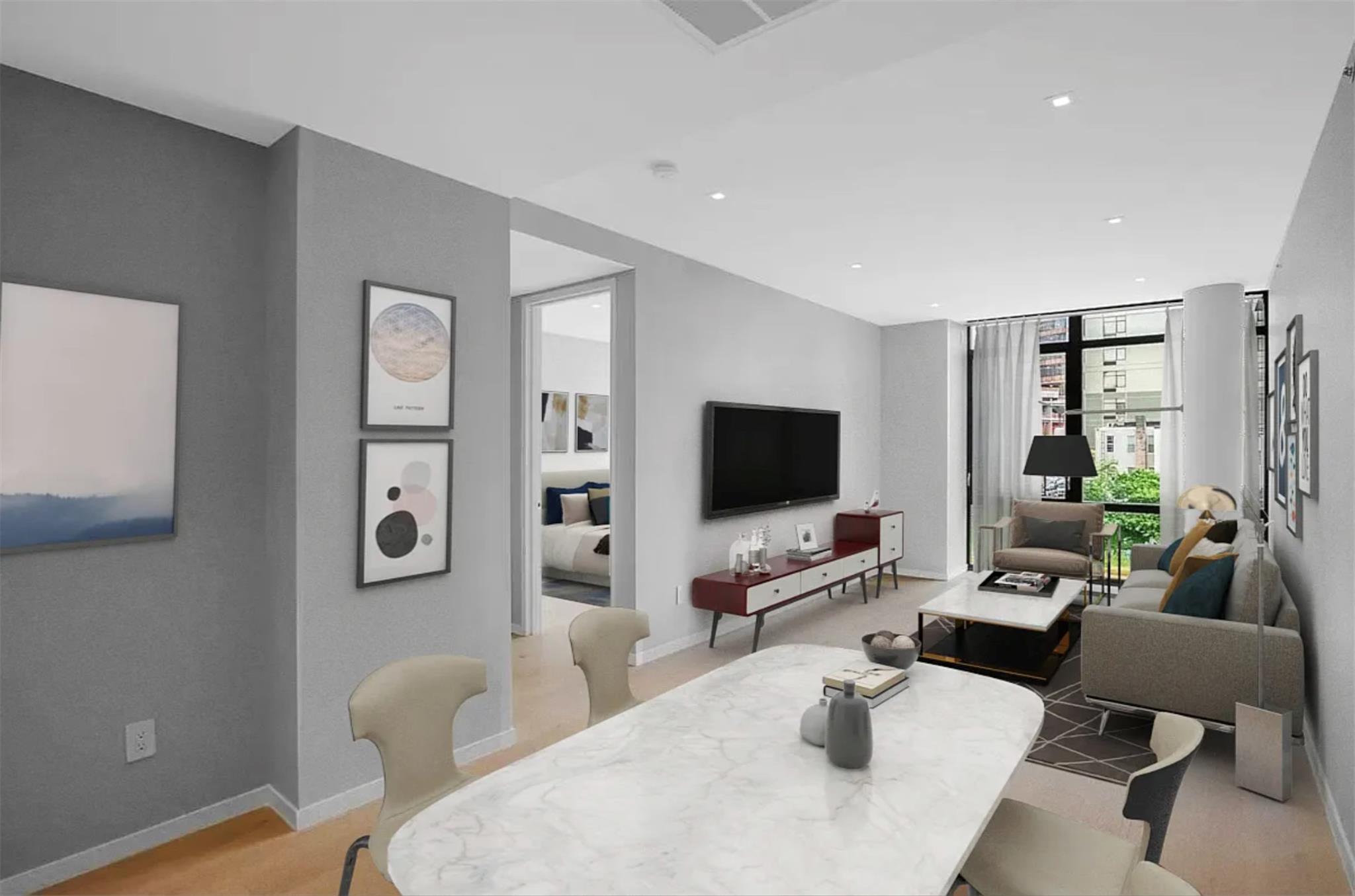 24-12 42nd Road, Unit 3E Queens, NY 11101 - Photo 3 of 13 Dining space featuring light wood finished floors, floor to ceiling windows, and recessed lighting