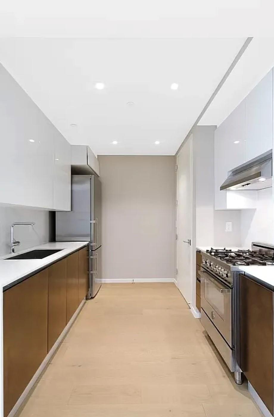 24-12 42nd Road, Unit 3E Queens, NY 11101 - Photo 7 of 13 Kitchen with modern cabinets, appliances with stainless steel finishes, light wood finished floors, custom range hood, and recessed lighting