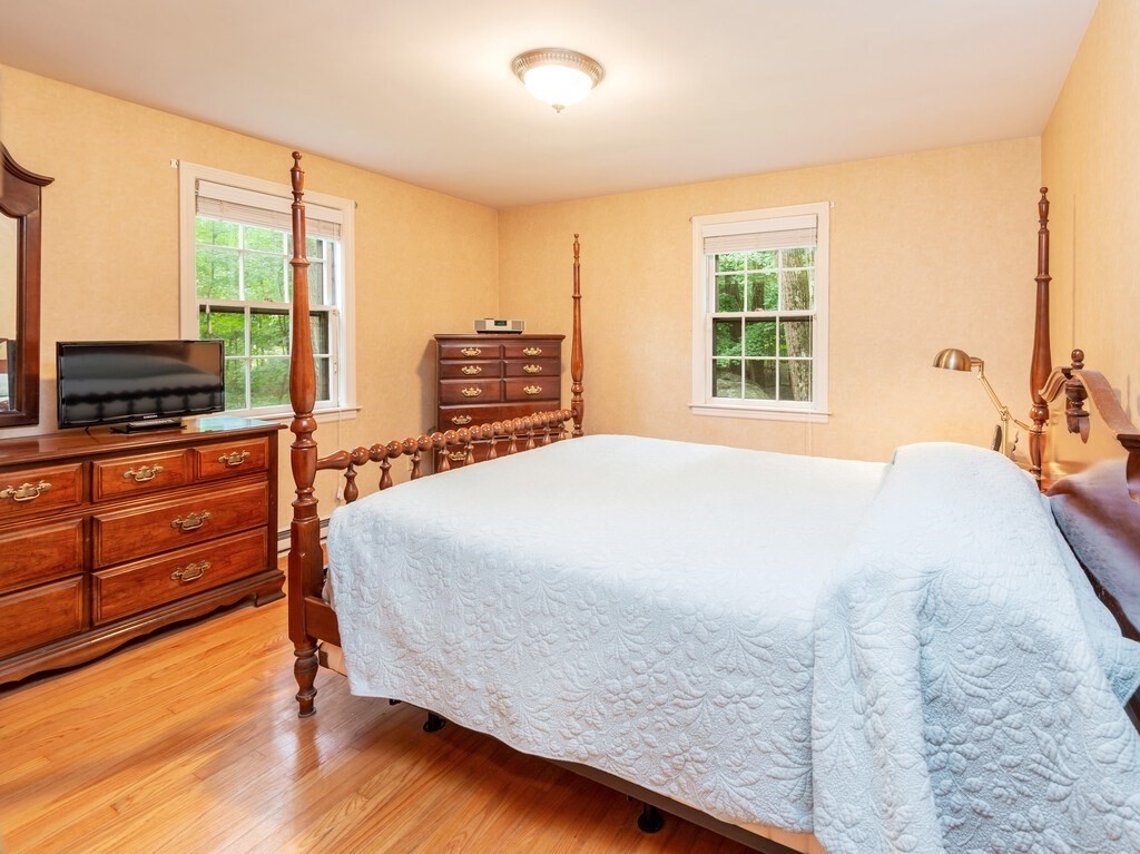 17 Wells Park Road Sturbridge, MA 01566 - Photo 21 of 37 a bedroom with a large bed and a flat tv screen on dresser