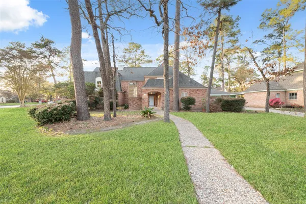 a view of a park with large trees