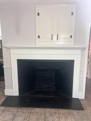 a bathroom with a fireplace