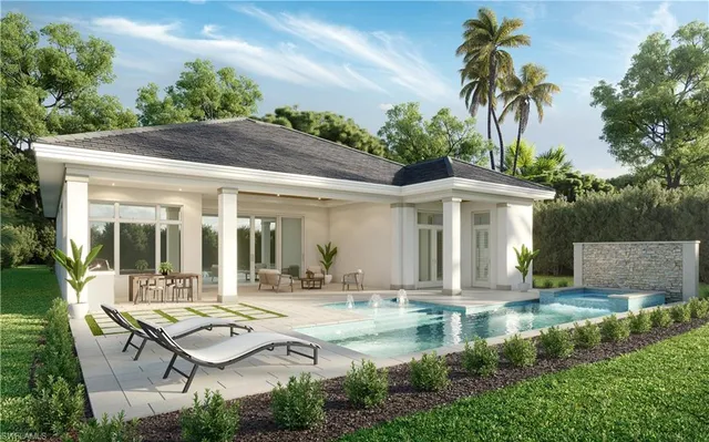 a view of a patio with table and chairs potted plants and palm tree