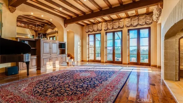 a living room with a rug