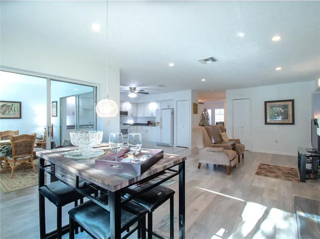 a view of a dining room with furniture