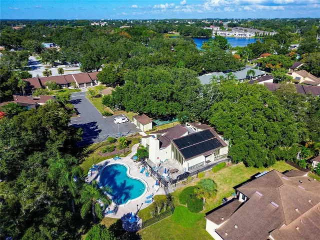 a view of a swimming pool with a yard and plants