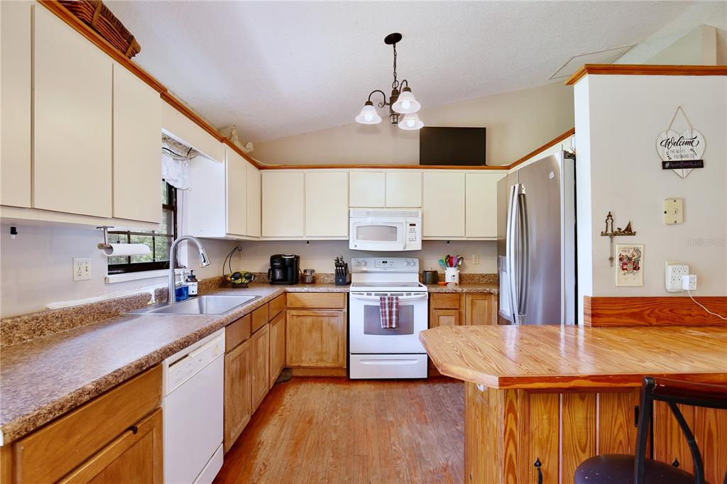 425 Mercers Fernery Road DeLand, FL 32720 - Photo 13 of 54 a kitchen with stainless steel appliances granite countertop a refrigerator a stove top oven a sink dishwasher and white cabinets with wooden floor