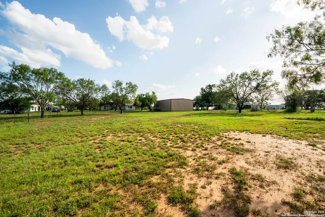 a view of a big yard with swimming pool and green space