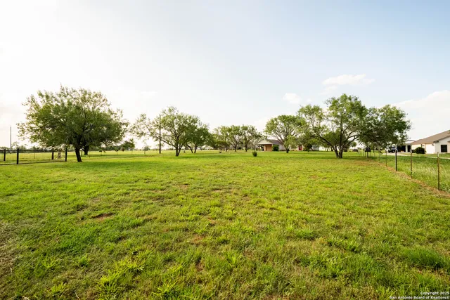 a view of a green field with trees in the background