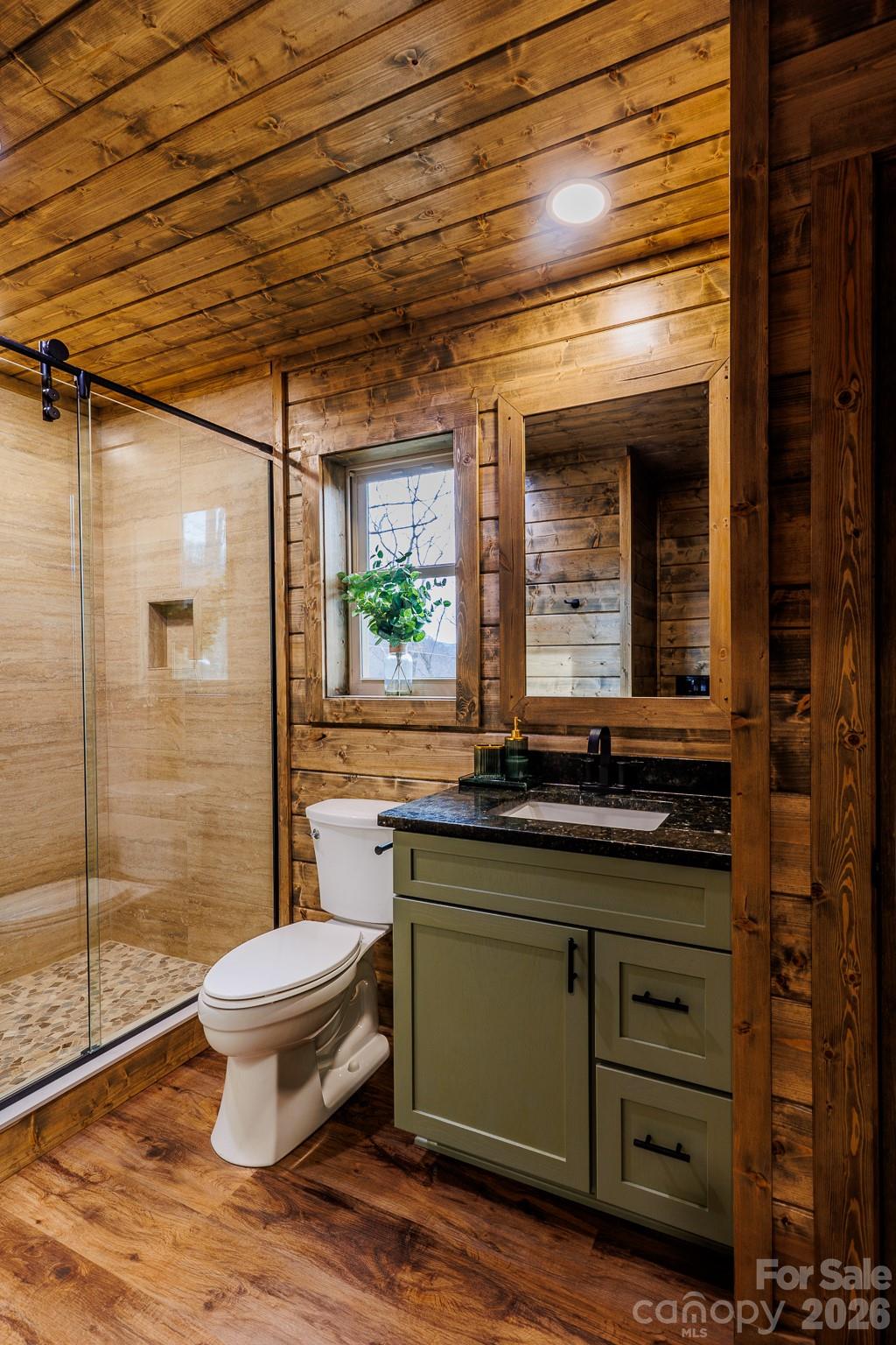 601 Tater Patch Road Maggie Valley, NC 28751 - Photo 22 of 32 a bathroom with a granite countertop toilet a sink and a shower