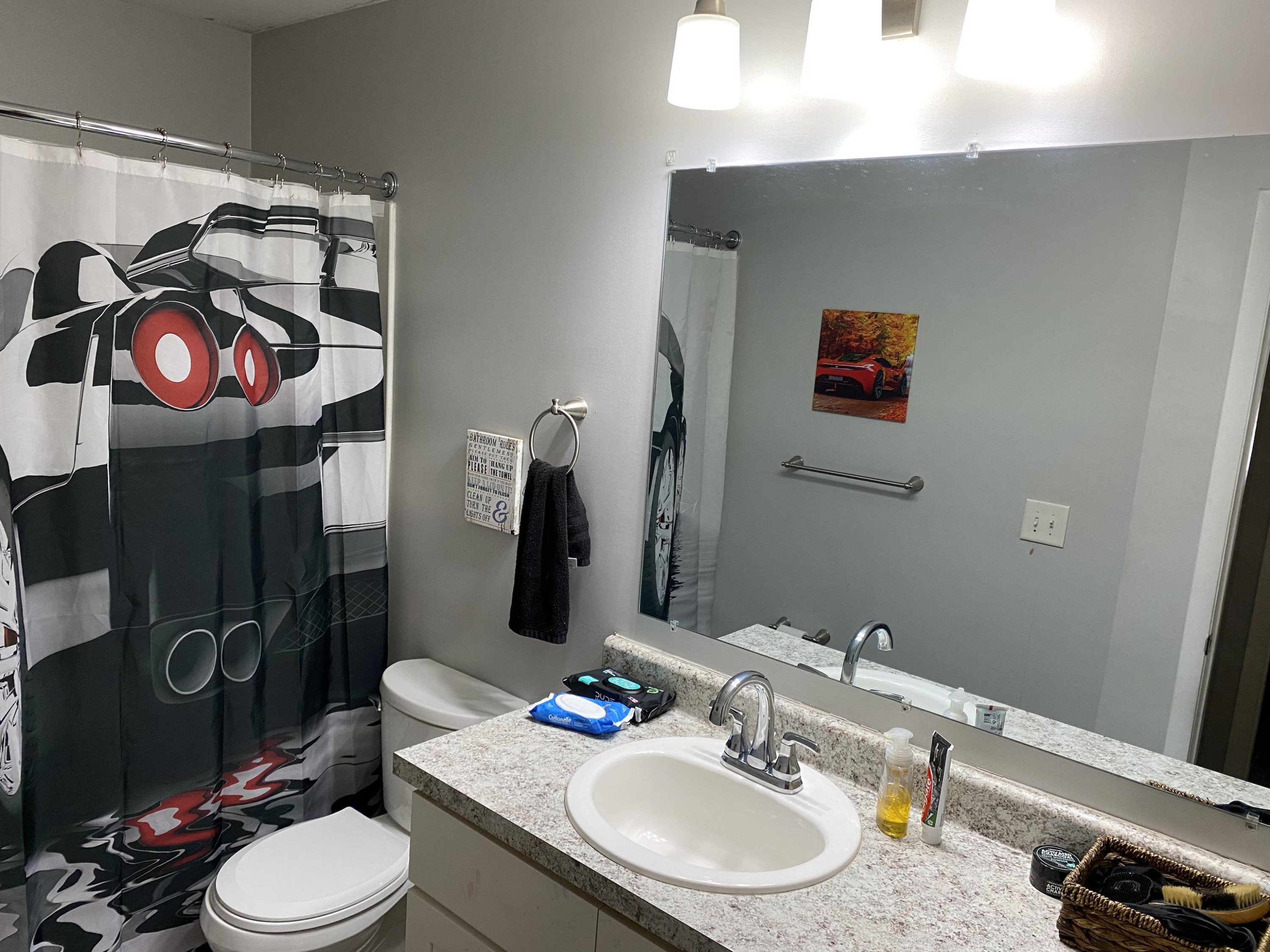 1613 Honeysuckle Road Raleigh, NC 27609 - Photo 11 of 24 a bathroom with a sink a toilet and a mirror