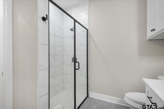 a bathroom with a shower and a toilet