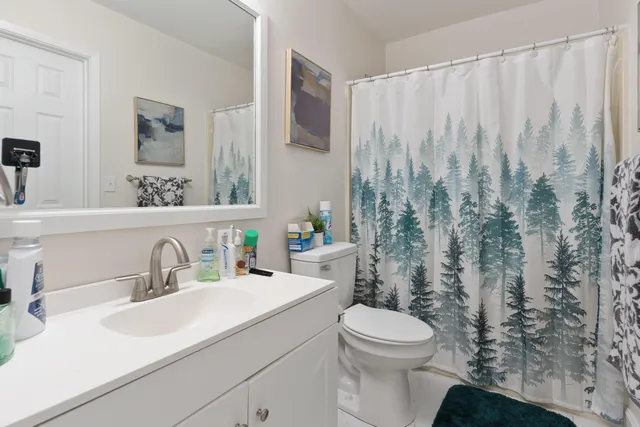 a bathroom with a sink a toilet and shower curtain