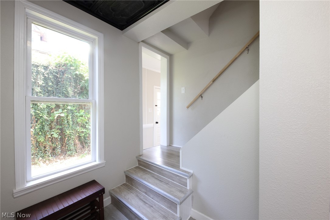 416 5th Street Chester, WV 26034 - Photo 3 of 24 Staircase entry featuring wood-finish treads and risers, a light wood handrail, and a black decorative ceiling