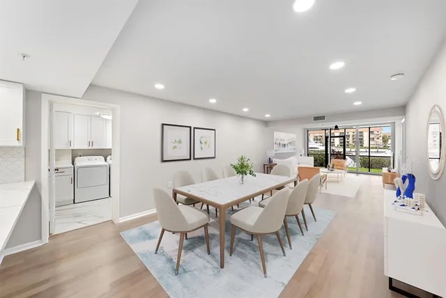 a view of a dining room with furniture