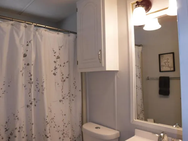 a bathroom with a shower curtain and a toilet
