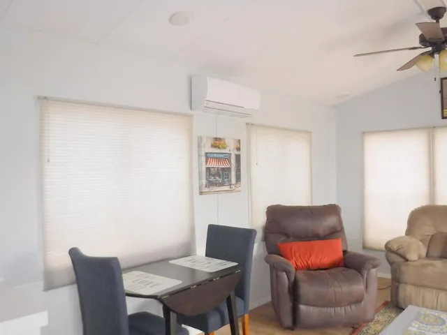 a living room with furniture a rug and a window