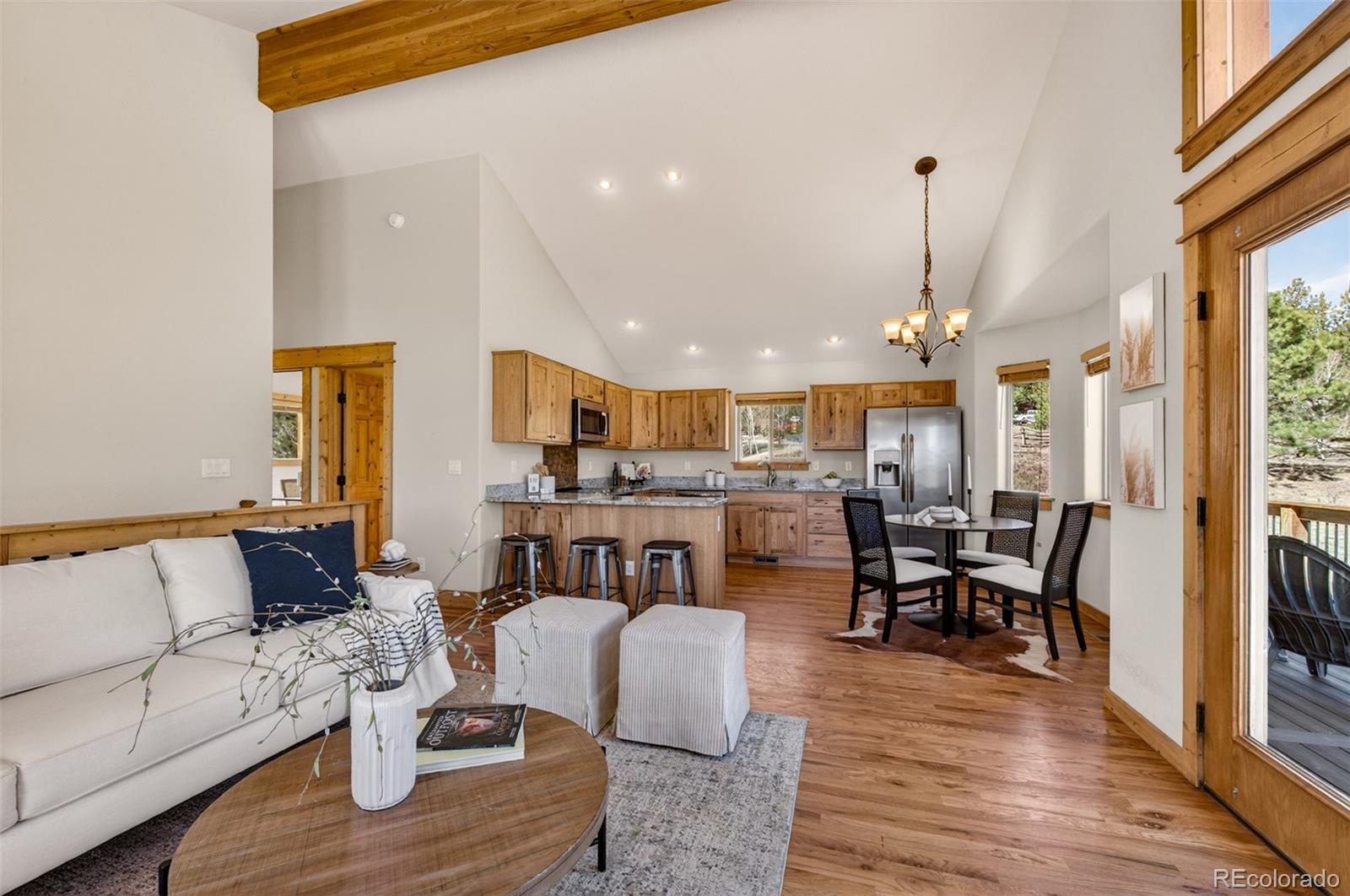 1328 Clark Road Bailey, CO 80421 - Photo 12 of 48 a living room with furniture kitchen view and a wooden floor