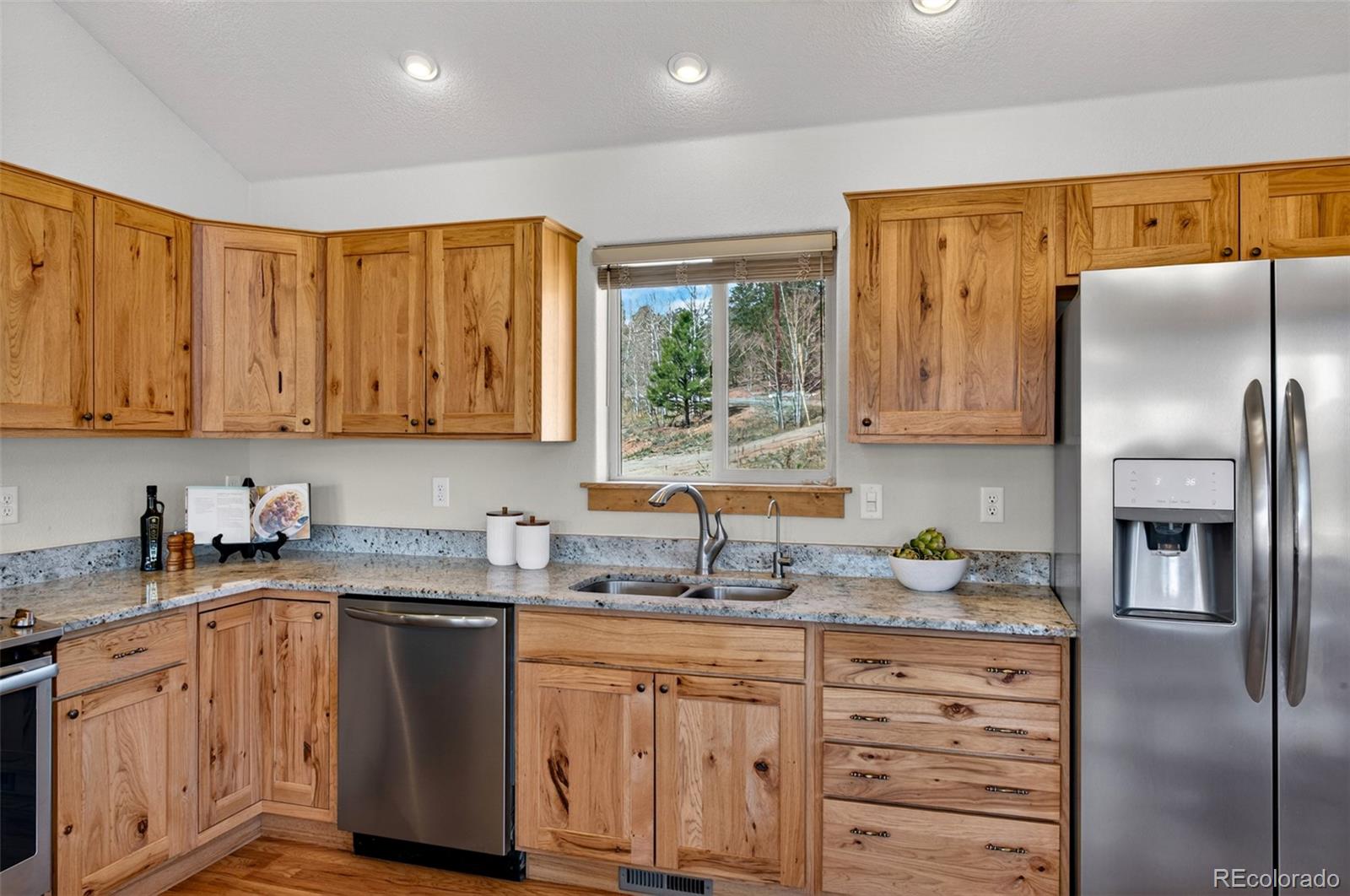 1328 Clark Road Bailey, CO 80421 - Photo 15 of 48 a kitchen with stainless steel appliances granite countertop a refrigerator sink and stove