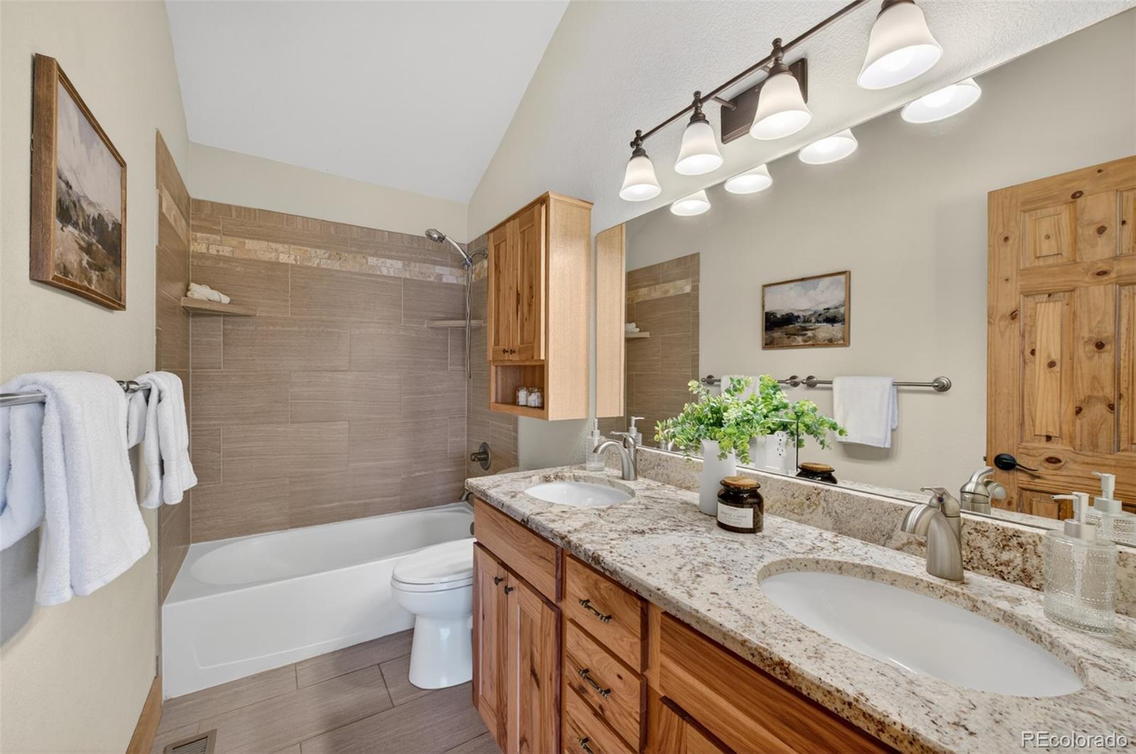 1328 Clark Road Bailey, CO 80421 - Photo 24 of 48 a bathroom with a granite countertop sink a toilet a large mirror a bathtub and shower