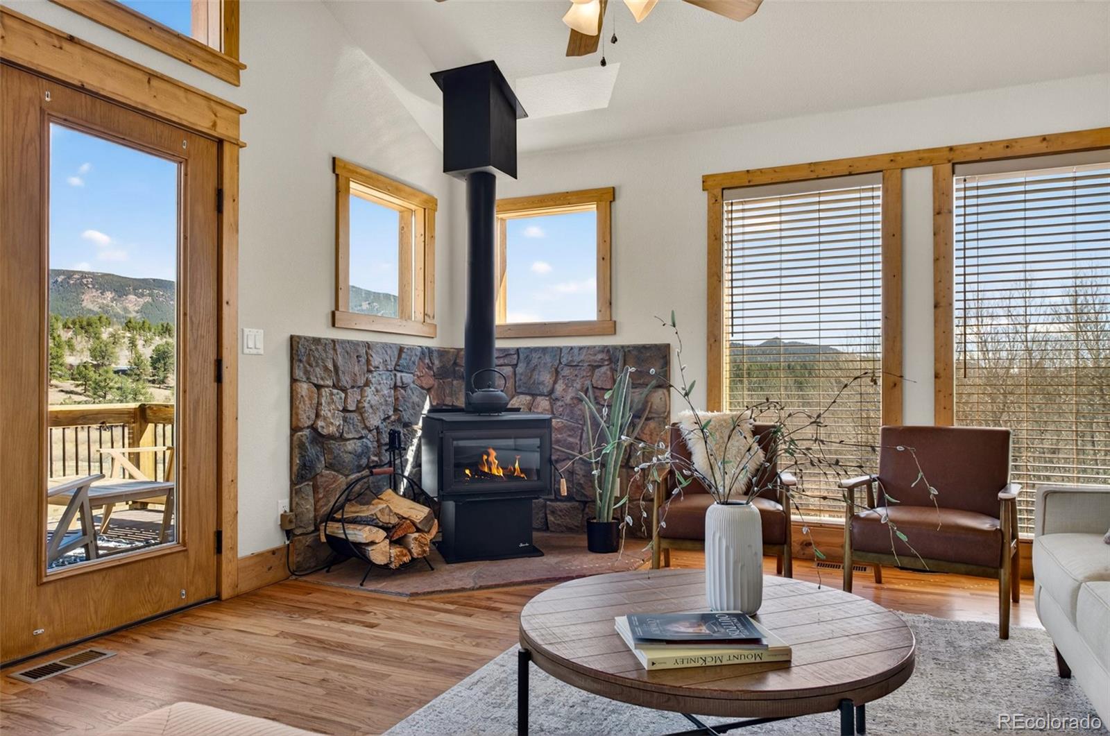 1328 Clark Road Bailey, CO 80421 - Photo 7 of 48 a living room with furniture and a fireplace
