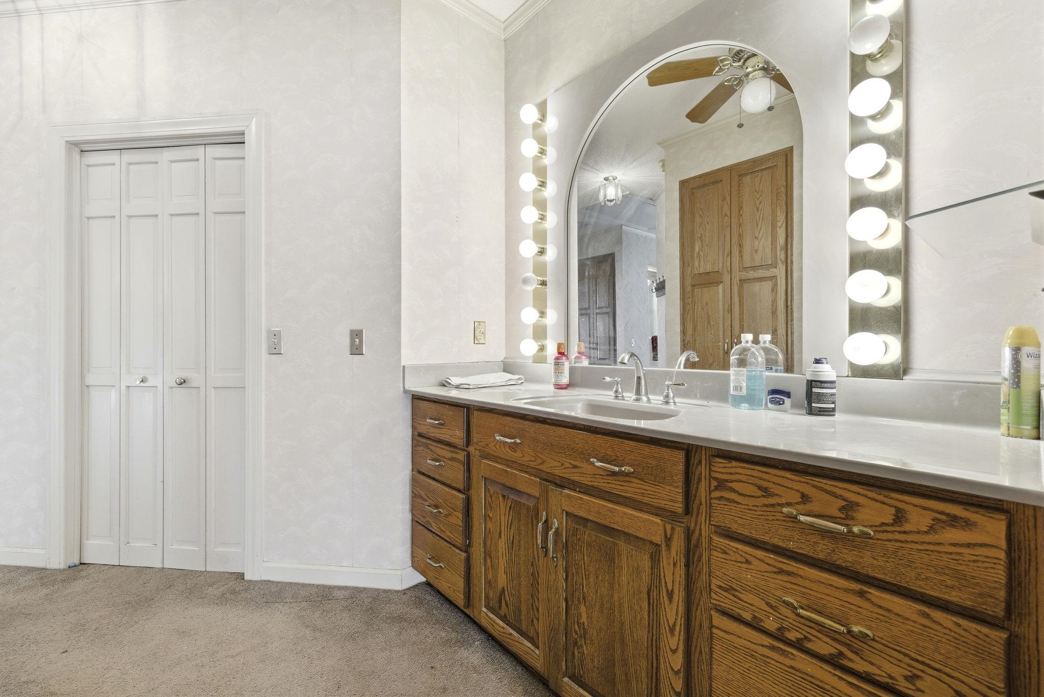 485 Carolina Drive Loris, SC 29569 - Photo 26 of 40 Bathroom with a closet, vanity, light colored carpet, and a ceiling fan