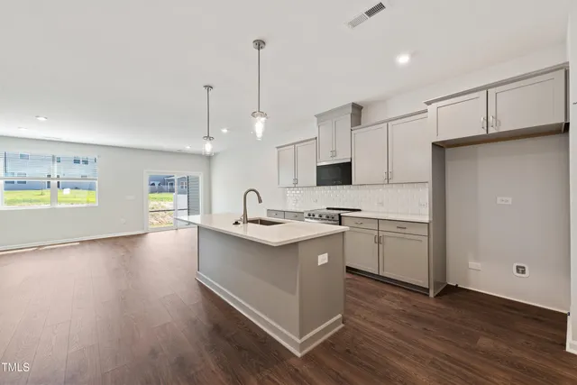 a kitchen with a sink cabinets and wooden floor