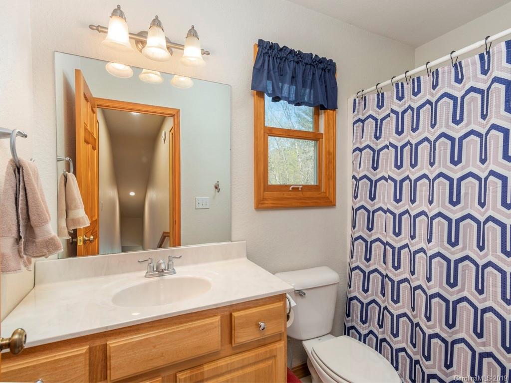 58 Thunder Ridge Road Canton, NC 28716 - Photo 14 of 26 a bathroom with a sink a toilet and shower curtain