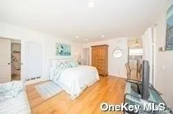 a spacious bedroom with a bed and glass door