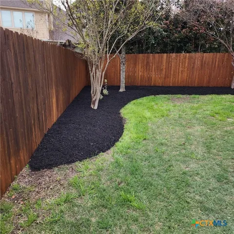 a view of backyard with wooden fence and a large tree