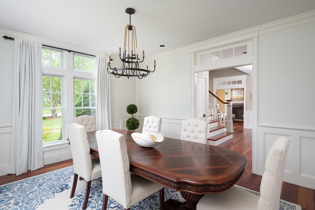 6 High Meadow Road Andover, MA 01810 - Photo 14 of 32 a dining room with furniture a chandelier and wooden floor