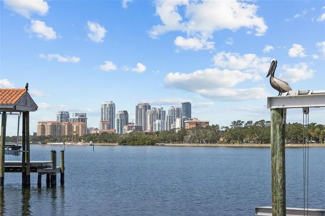 a view of a swimming pool with a yard and palm trees