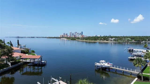 an aerial view of residential houses with outdoor space and lake view