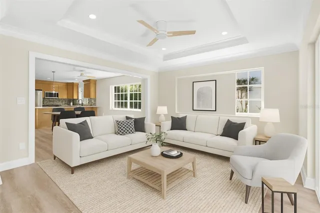 a living room with furniture and a potted plant