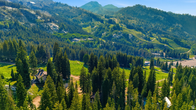 8505 South Snake Crk Road Salt Lake City, UT 84121 - Photo 63 of 67 Mountain landscape featuring a central cabin with a sloped roof, surrounded by dense evergreen trees and verdant hillsides