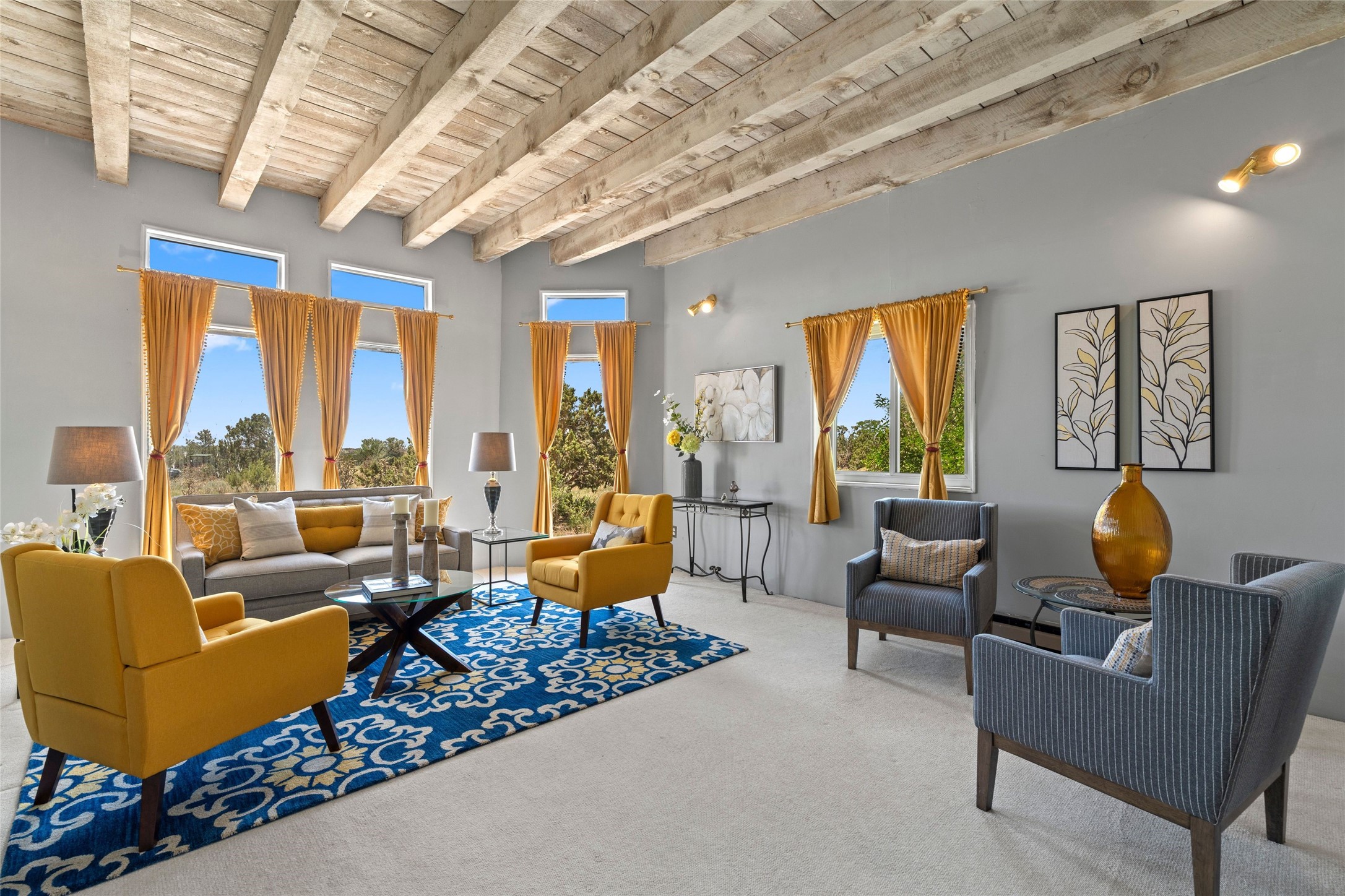 Living Area with High Beamed Ceilings